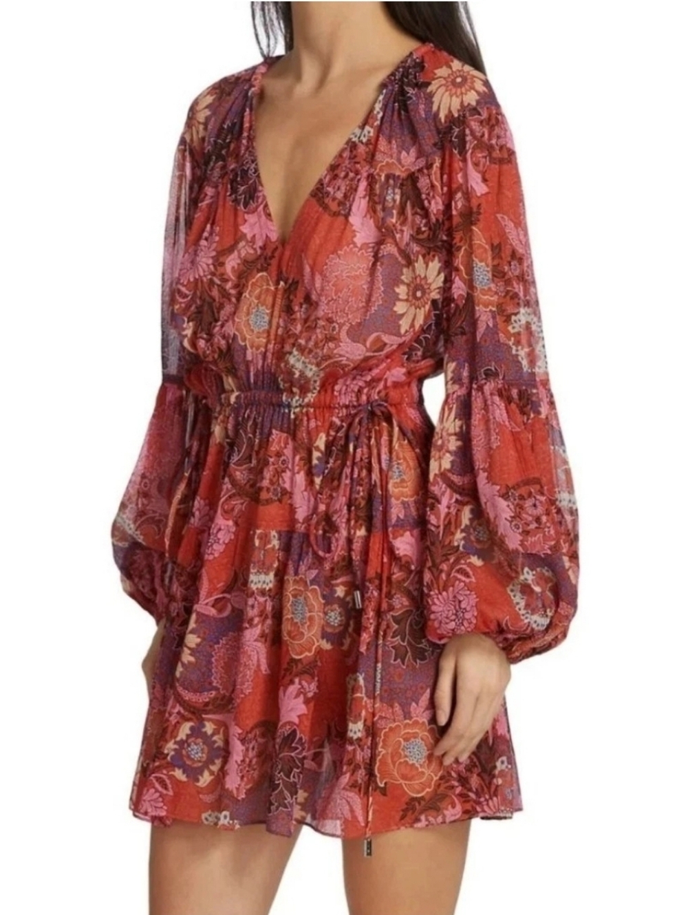 NEW A.L.C. Elise $550 Long Sleeve 100% Silk Pink Orange Floral Mini Dress Sz 4